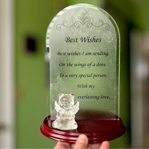 VTG Passing Angel Bear Message Glass + Wood Best Wishes Figurine Art Decor